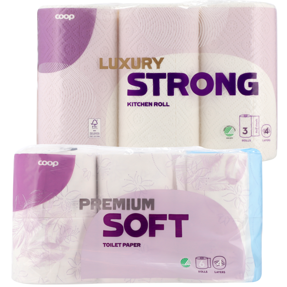 Coop Premium soft toiletpapir eller Luxury strong køkkenrulle