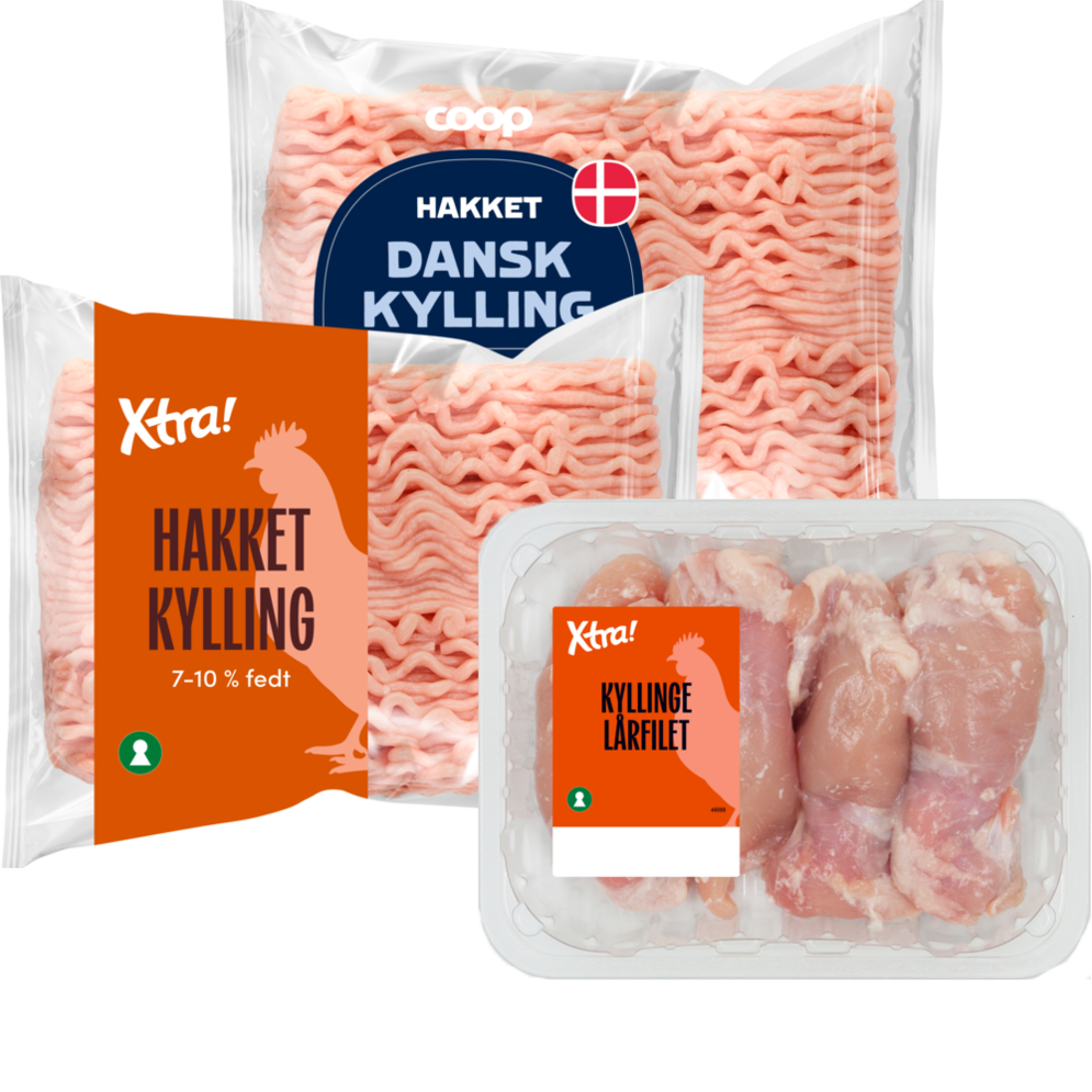 Coop hakket kylling 3-6%, Xtra! hakket kylling 7-10% eller kyllingelårfilet