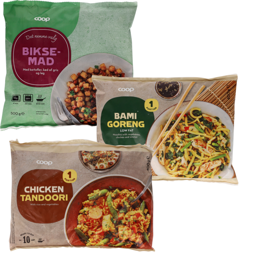 Coop biksemad, chicken tandoori eller bami goreng