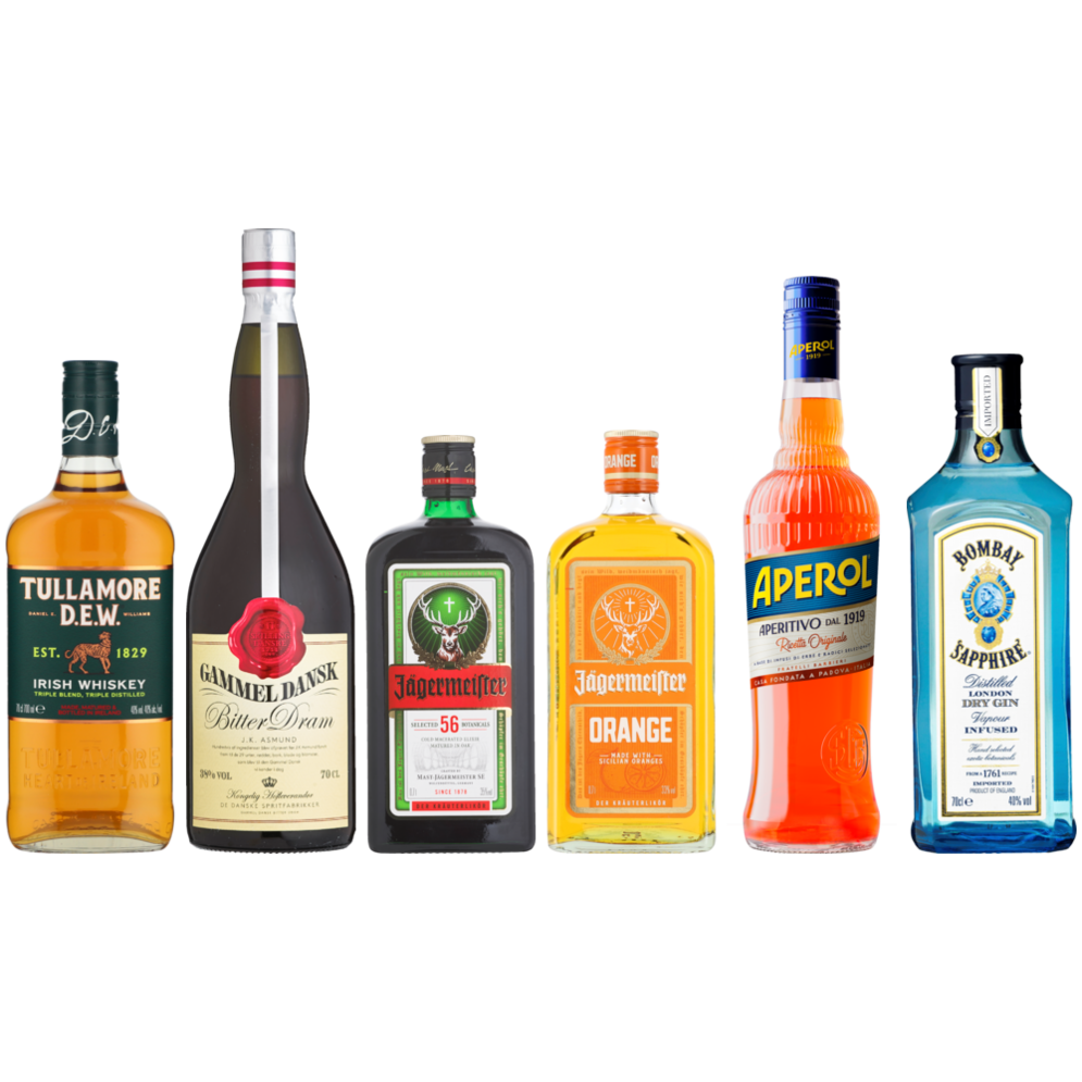 Tullamore Dew, Gammel Dansk, Jägermeister, Aperol eller Bombay Sapphire