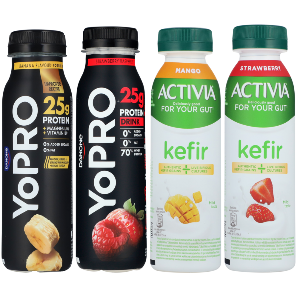 YoPro proteindrikkeyoghurt eller Activia kefirdrik